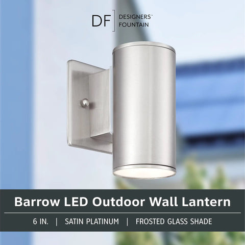 Sleek Six Inch LED Outdoor Wall Sconce For Front Door And Wraparound Porch Bringing Darn Bright Integrated Bulb Free Illumination In Smooth Satin Platinum Total Curb Appeal Bang on satin platinum finish with frosted glass shade.