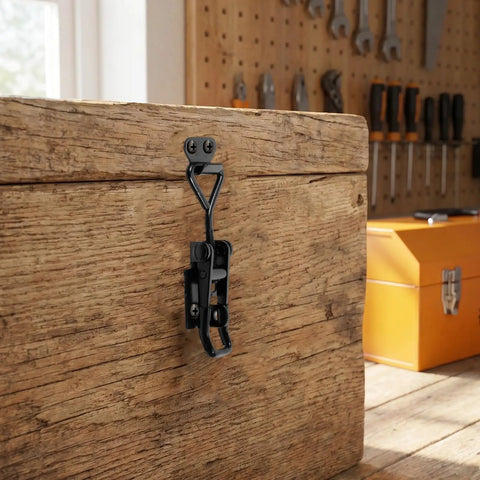 Heavy Duty Adjustable Quick Release Toggle Clamp Latch Set 4pc Stainless Steel Pull Clamp With Lock Hole 200kg Capacity on wooden box