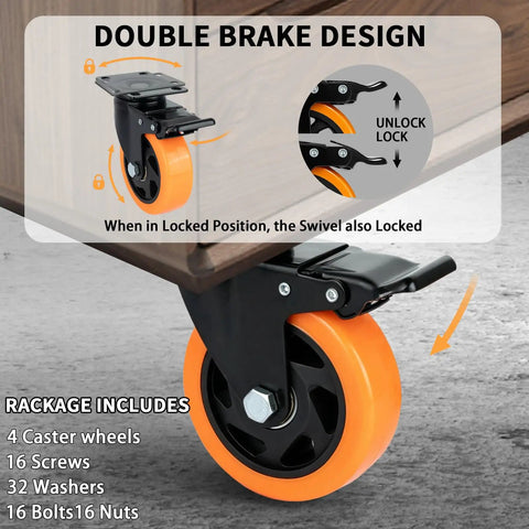 Heavy Duty 4 Inch Caster Wheels Set Of 4 With Locking Brakes And Smooth 360 Swivel Action showing double brake design and orange PU tread.
