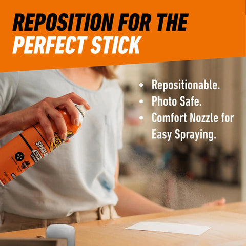 Person using Heavy Duty Spray Adhesive Clear Glue 14 Oz All Purpose Bond For Glass Plastic Wood Metal Ceramic Rubber Leather Paper