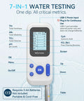 Digital 7 In 1 Water Test Kit showing screen details for chlorine, bromine, pH, alkalinity, and hardness for pool testing.