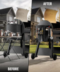 Comparison of grill organization before and after using Magnetic Storage Bin For Grills And Pellet Smokers, Heavy Duty Magnetic Organizer That Snaps Right Onto The Grill Hopper, Keeps Sauces Spices And Thermometers Handy, Compatible With Traeger Pro Series Ironwood 885 And 650, Z Grills And Pit Boss.