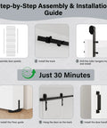 Step-by-step assembly guide for 36X84 Black Frosted Glass Barn Door With Complete Hardware Kit and Six Point Six Foot Track Handle.