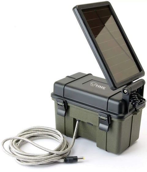 Rugged Weatherproof Twelve Volt Solar Power Bank For Trail Cameras, sturdy box with solar panel and connector cable.