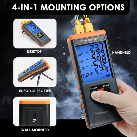 4 Channel Digital K Type Thermocouple Data Logger With 48K Records Pro Grade Temperature Recorder for various mounting options