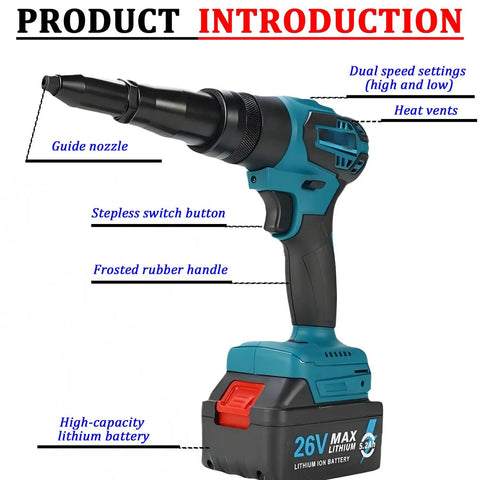 26V Brushless Cordless Rivet Gun Electric Blind Riveter Tool Kit with guide nozzle and 5200mAh battery