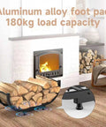 Heavy Duty 29 Inch Firewood Rack For Indoor Or Outdoor Use Sturdy Iron Log Holder in front of a fireplace indoors