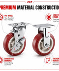 Heavy Duty Caster Wheels Set Of Four With Six Inch PVC Treads showing PVC wheel, zinc-plated frame and double ball bearings.
