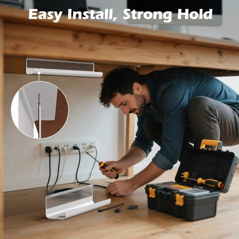 Installing Under Desk Cable Management Kit 26 Piece Hexagonal Ventilated Design With Cable Clips Wire Ties Cord Holder