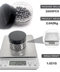 Top Notch Solid Steel Bearing Balls Quarter Inch 6.35mm G25 Precision Rounds in jar weighing 2.042Kg on scale, includes 2000 balls.