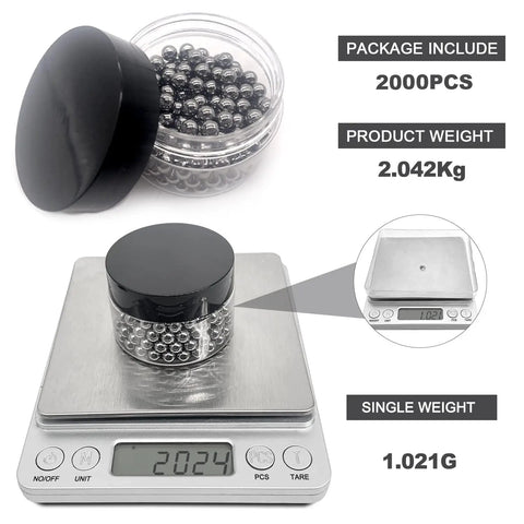 Top Notch Solid Steel Bearing Balls Quarter Inch 6.35mm G25 Precision Rounds in jar weighing 2.042Kg on scale, includes 2000 balls.