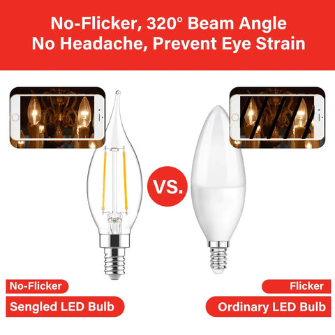 Comparison of Dimmable Candelabra LED Bulbs 60W Equivalent, 2700K Soft White Flame Tip CA10 and ordinary LED bulb, highlighting no flicker.