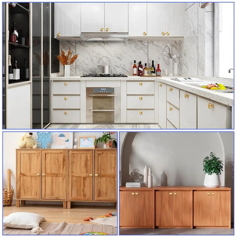 Modern kitchen and wooden cabinet setup with Two Pack Matte Gold Bifold Closet Door Knobs, Round Cabinet and Drawer Knobs for Wardrobe.