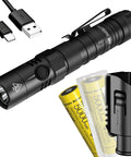 MH12V2 Plus NL2150 1200 Lumen USB Rechargeable Tactical Flashlight With LumenTac Organizer, visible with USB-C cable and batteries
