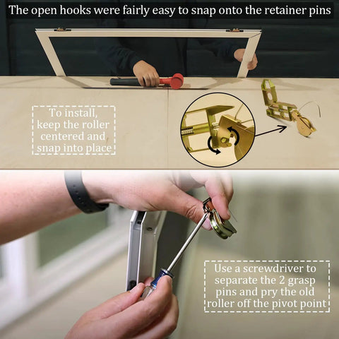 Installing Heavy Duty Sliding Screen Door Tension Spring Rollers With One And One Quarter Inch Steel Concave Ball Bearing Wheels Fits KDEX20 Series KD Screen Doors Four Pack Replacement with screwdriver and hooks.