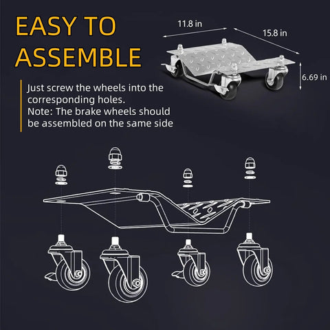 Rock Solid Steel 4 Piece Heavy Duty Wheel Dollies With 6000 Lbs Capacity And Secure Brakes for easy assembly instruction visual.