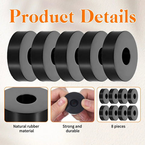 Heavy Duty Rubber Isolation Mounts And Anti Vibration Pads Built Mean To Crush Appliance Rattle With Grippy Wear Base, eight black rubber pads.