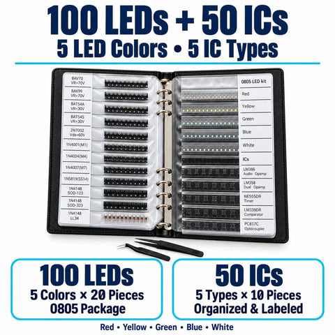 Badass 7350 Piece 0805 SMD Resistor Capacitor Assortment Kit Featuring 170 Precision Values Alongside Transistors Diodes ICs And LEDs For Pro Level PCB Builds And Rig Assembly Work with 100 LEDs and 50 ICs in organized binder.