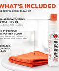 Refillable Screen Cleaner Kit with 1 fl oz spray bottle and orange microfiber cloth, TSA-approved for MacBook, iPhone, iPad, eyeglasses.