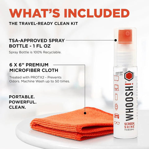 Refillable Screen Cleaner Kit with 1 fl oz spray bottle and orange microfiber cloth, TSA-approved for MacBook, iPhone, iPad, eyeglasses.