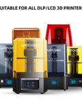 Slick Fast Cure 405Nm Uv Photopolymer 3D Printer Resin For Lcd Systems shown with Anycubic DLP/LCD 3D printers in various colors.