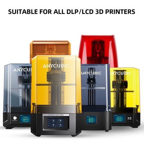 Slick Fast Cure 405Nm Uv Photopolymer 3D Printer Resin For Lcd Systems shown with Anycubic DLP/LCD 3D printers in various colors.