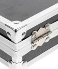 Close-up of Rugged As Nails Portable Aluminum Tool Box With Secure Locking Lid and robust corner protectors.