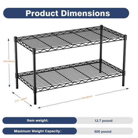 Product dimensions of Two Tier Wire Shelving Unit, Adjustable Heavy Duty Metal Storage Rack with smooth rolling caster wheels.