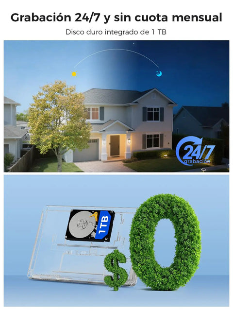 5MP Wireless PTZ Security Camera System With 24/7 recording and 1TB storage shown at a house exterior with night vision.