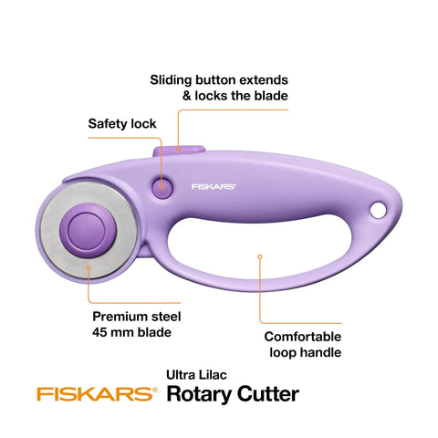 Top Tier Loop Handle Rotary Cutter For Heavy Duty Fabric And Vinyl Crafting Precision Ground Steel Blade Insanely Sharp Left Right Handed Setup Easy Glide Action For Quilting Projects in purple with 45 mm blade.
