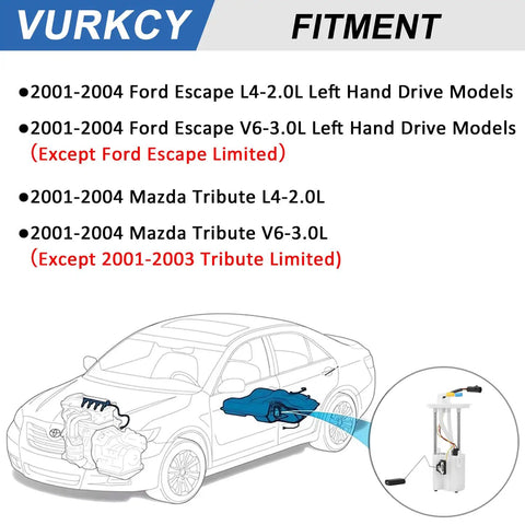 Top Shelf Electric Fuel Pump Assembly With Sender For 2001 To 2004 Ford Escape And Tribute 2.0L 3.0L V6 Engine fitment diagram.
