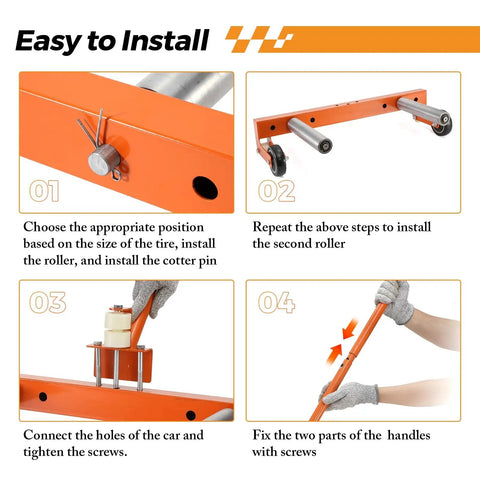 Easy to install Heavy Duty Car Wheel Dolly With 330 Lb Capacity Smooth Rolling Tire Cart steps to attach rollers and handles.