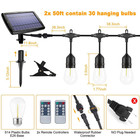 Diagram of Solar String Lights Outdoor 100ft With Remote Control Dimmable Patio Lights 32 Shatterproof Bulbs, components labeled.