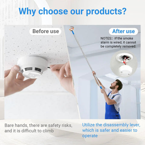 Say No To Wobbly Ladders With This Smart Smoke Detector Removal Tool Featuring An Adjustable Reach Pole Stretching Up To 10 Feet For Easy Ceiling Disassembly And Hassle Free Maintenance, showcasing before and after smoke alarm removal actions.