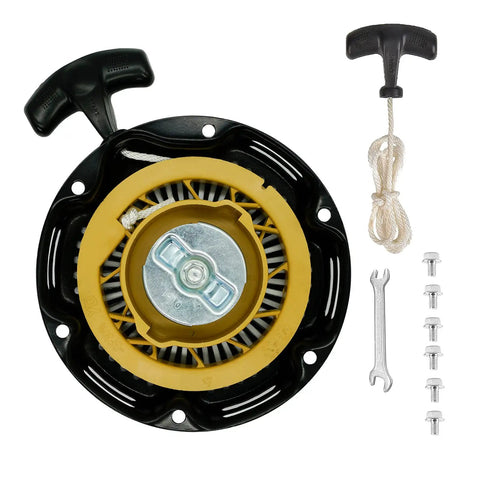 Pull Start Recoil Starter Assembly For Predator 79cc 3HP OHV Engine, complete with rope, wrench, and screws.