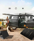 Family camping with van and 40W Foldable Solar Panel Charger With USB C And DC5521 Output IP65 Waterproof Monocrystalline Cells Ultra Portable