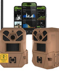 Edge 3 Cellular Trail Camera Bundle 2 Pack With 40MP HD Photos 1080p Low Glow Flash GPS Multi Carrier Auto Connect Built In Memory Half Second Trigger AI Buck Detection Real Time Deer Movement Alerts shown with mobile interface.