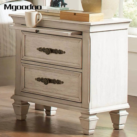 Top Notch Vintage Antique Bronze Cabinet Pulls With Three Point Seven Inch Spread on a white nightstand with two drawers.