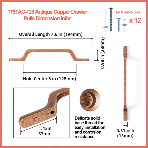 Six Pack Knockout Antique Copper Drawer Pulls With Straight Up Solid Zinc Build and Heavy Duty Vintage Finish for No Sweat Kitchen Cabinet Swaps and Major Furniture Overhauls dimensions and details.