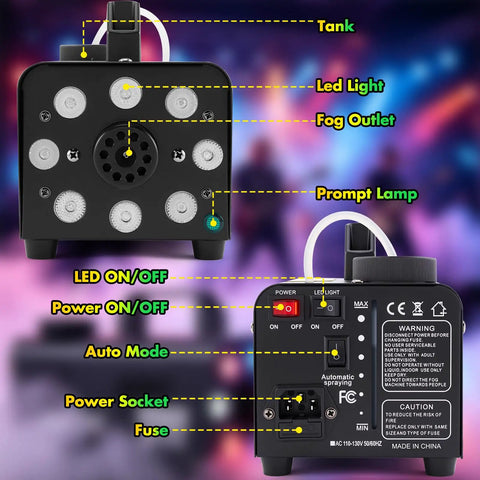 Pro Level Fog Machine, 500 Watt Output, back panel showing LED controls and fog outlet for DJ performances and photo shoots.
