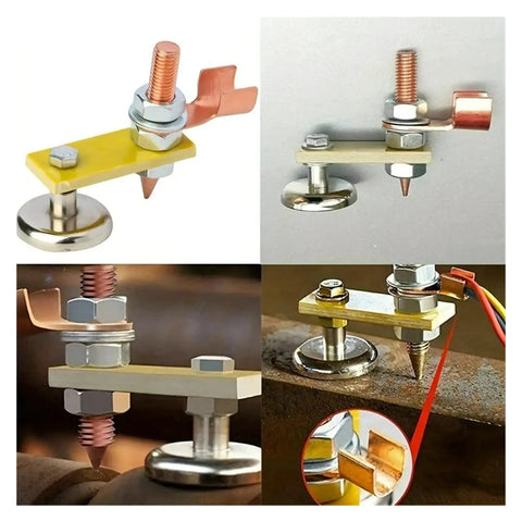 Solid 2 Pack Metalworking Magnetic Ground Clamps With Heavy Duty Magnet Head on metal surface for welding projects.