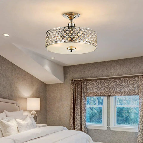 Dope 3 Light K9 Crystal Flush Mount Ceiling Chandelier In Chrome Finish installed in a modern bedroom setting