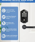 Hassle Free Keyless Entry Door Lock With Glowing Backlit Keypad And Smart Bluetooth App Control In Classy Matte Black Finish showing auto-lock features.