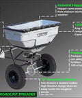 Tow Behind Lawn And Garden Broadcast Spreader Be A Workhorse, 125 Lb Capacity, Handles Seed Fertilizer Salt And Ice Melt, Durable Rust Proof Hopper