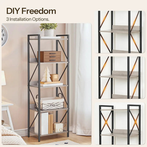 No Fuss Five Tier Industrial Bookcase With Sturdy Metal Frame And Secure Back Barrier Sweet Vertical Storage Organizer That Looks Dang Fine In Any Living Room Or Home Office Greige And Black with three installation options.