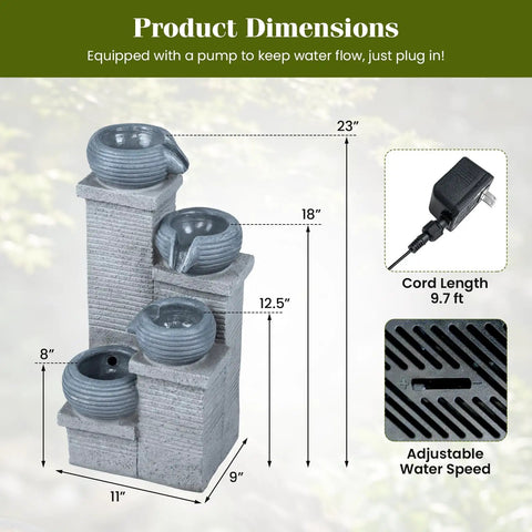 4-Tier Outdoor Water Fountain With Cascading Bowls, 23 Inch Tall, Warm LED Lights, And Submersible Pump shown with dimensions