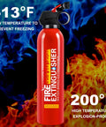Twelve Pack 21 Oz Water Based Mini Fire Extinguishers Class A B C K Top Shelf Auto Safety Kit showing temperature specs for safety.