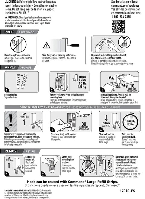 Installation instructions for Ten Pound Extra Large Heavyweight Wall Hooks With Adhesive Strips, showing usage and precautions.