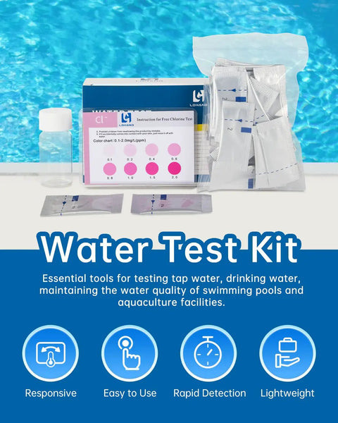 Top Tier Free Chlorine Test Kit Boasting Fifty Rapid Action Tabs And Dead Easy Color Chart For Pool Spa And Well Water Analysis Drops and sample kit displayed with water background.