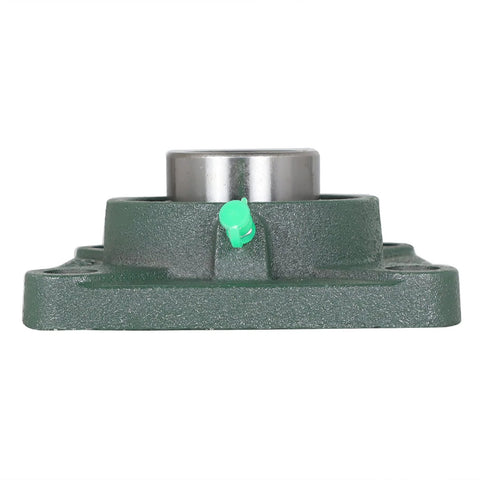 Pillow block bearing, green, 1-1/2 in bore, four-bolt square flange; front view with grease fitting.